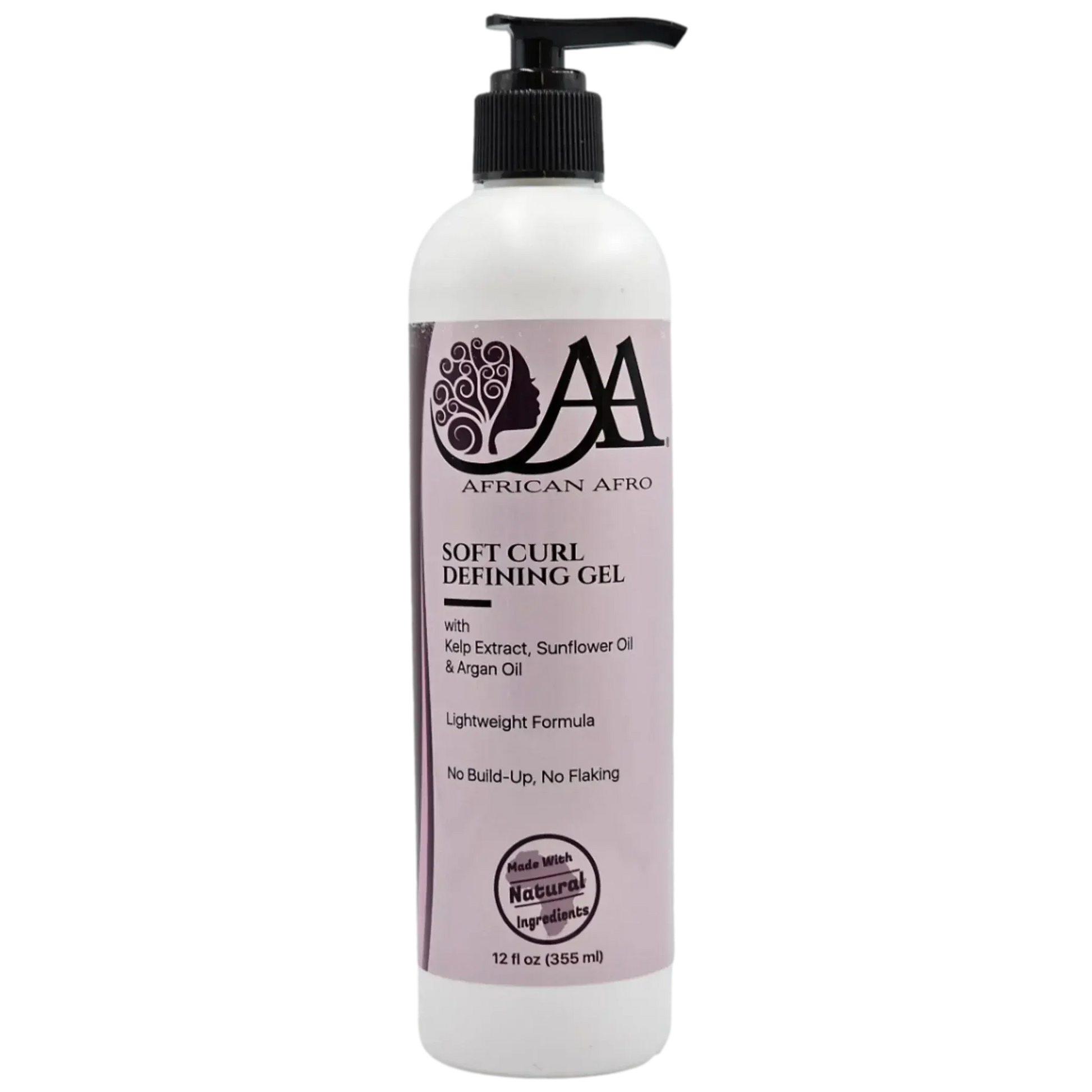 African Afro Soft Curl Defining Gel with argan oil in a 12 fl oz pump bottle for frizz control and curl hydration