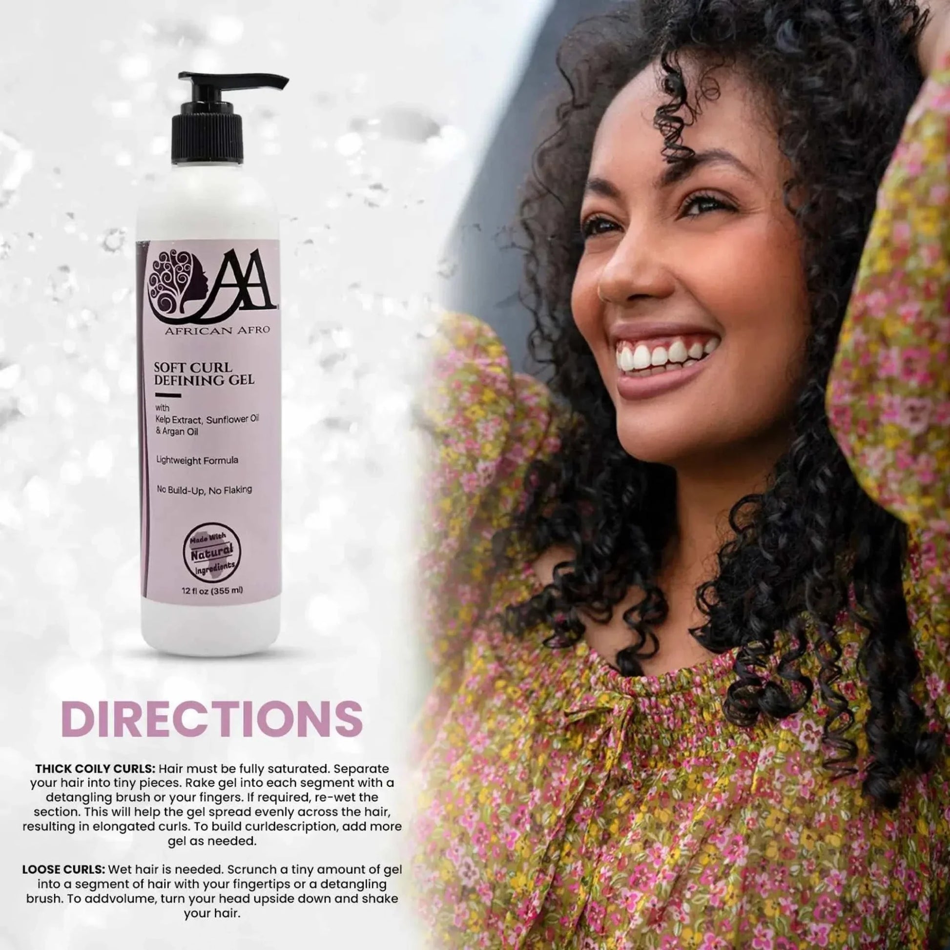 Soft Curl Defining Gel bottle with argan oil next to smiling woman with defined curly hair