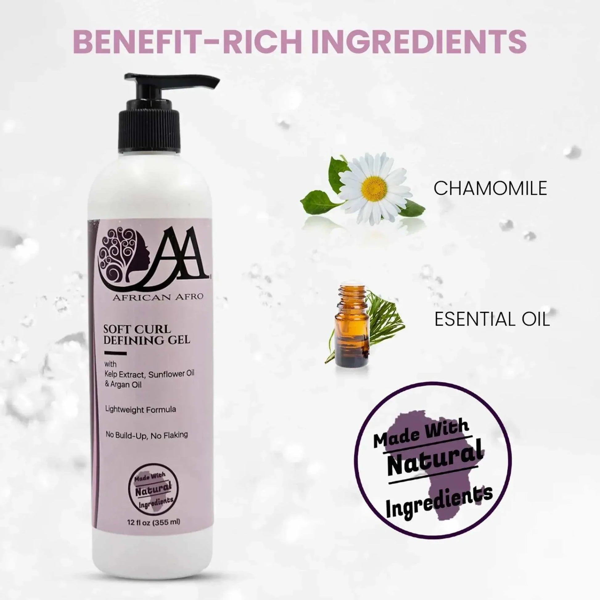 Soft Curl Defining Gel by African Afro with argan oil, chamomile, sunflower oil, and natural ingredients for frizz control and hydration