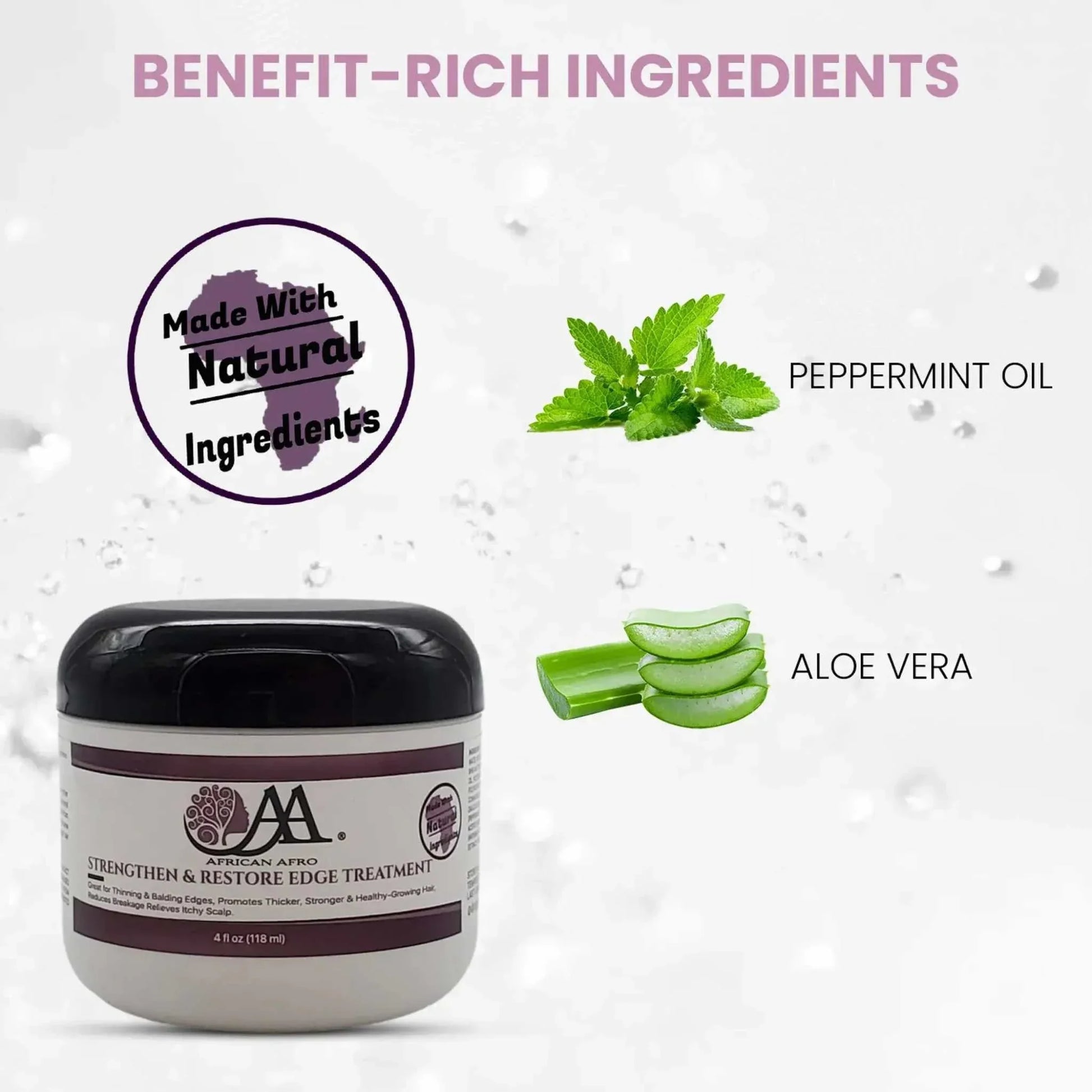 Strengthen and Restore Edge Treatment, 4 fl. oz, with natural peppermint oil and aloe vera for hair regrowth and scalp health.