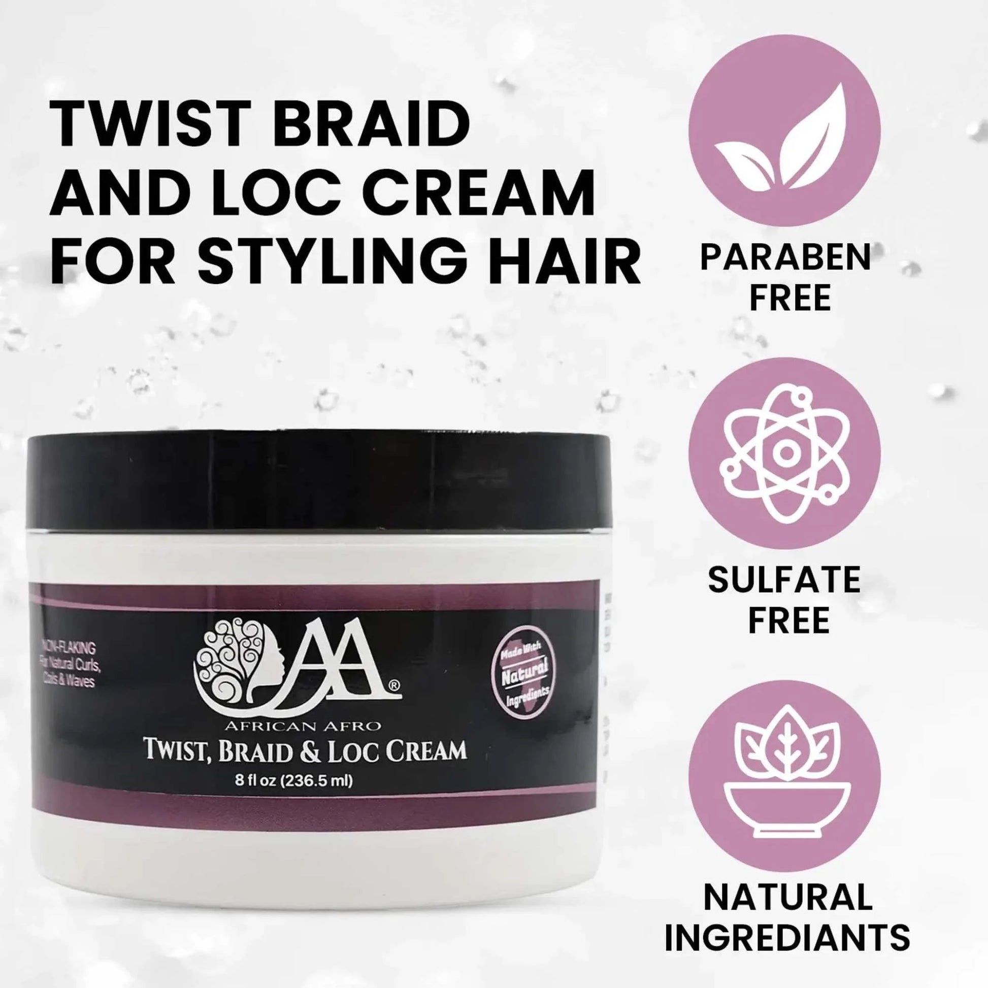 Twist Braid and Loc Cream for natural hair styling, offering medium hold and frizz reduction with shea butter, almond oil, and aloe vera.