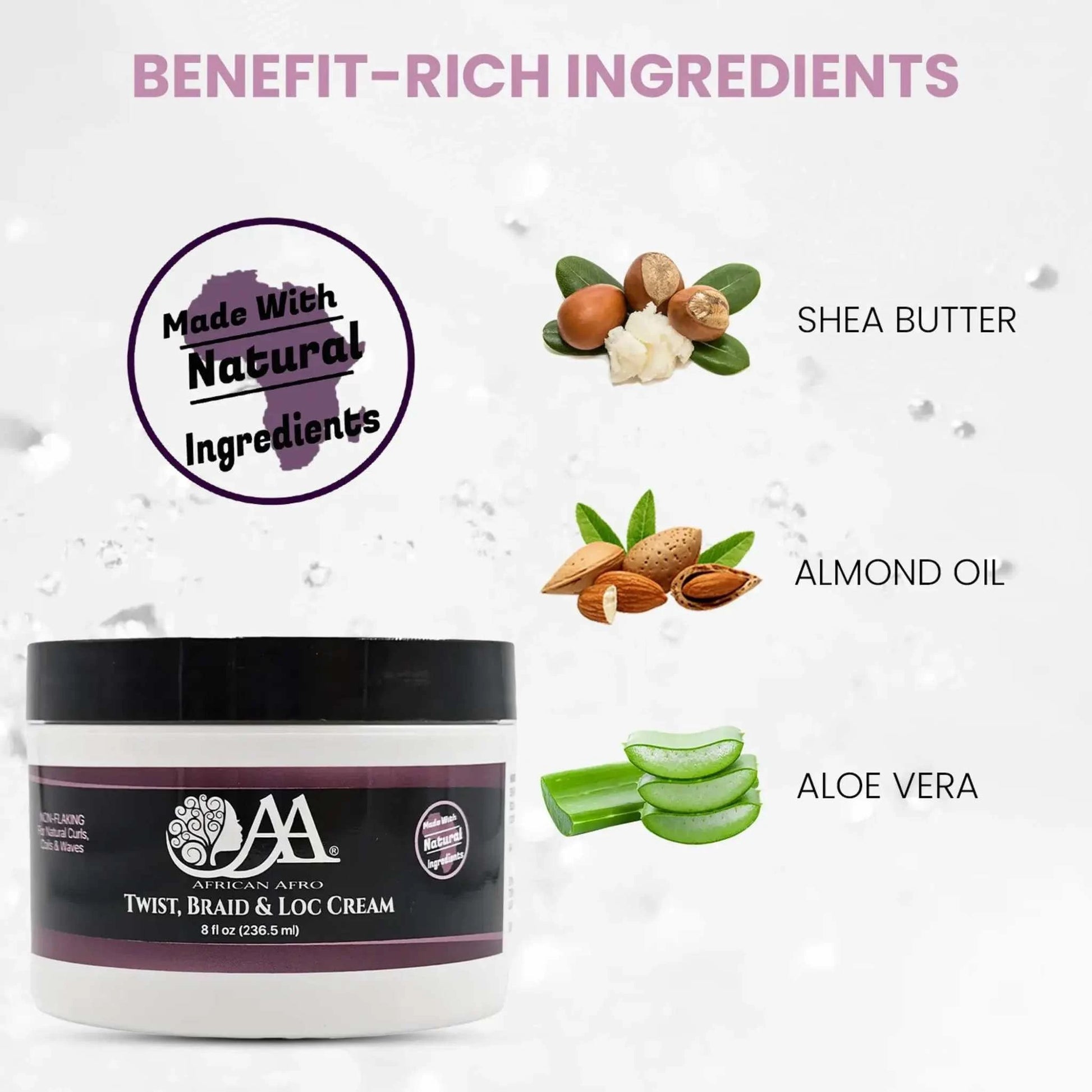 Styling cream for twist, braid, and loc with shea butter, almond oil, and aloe vera.