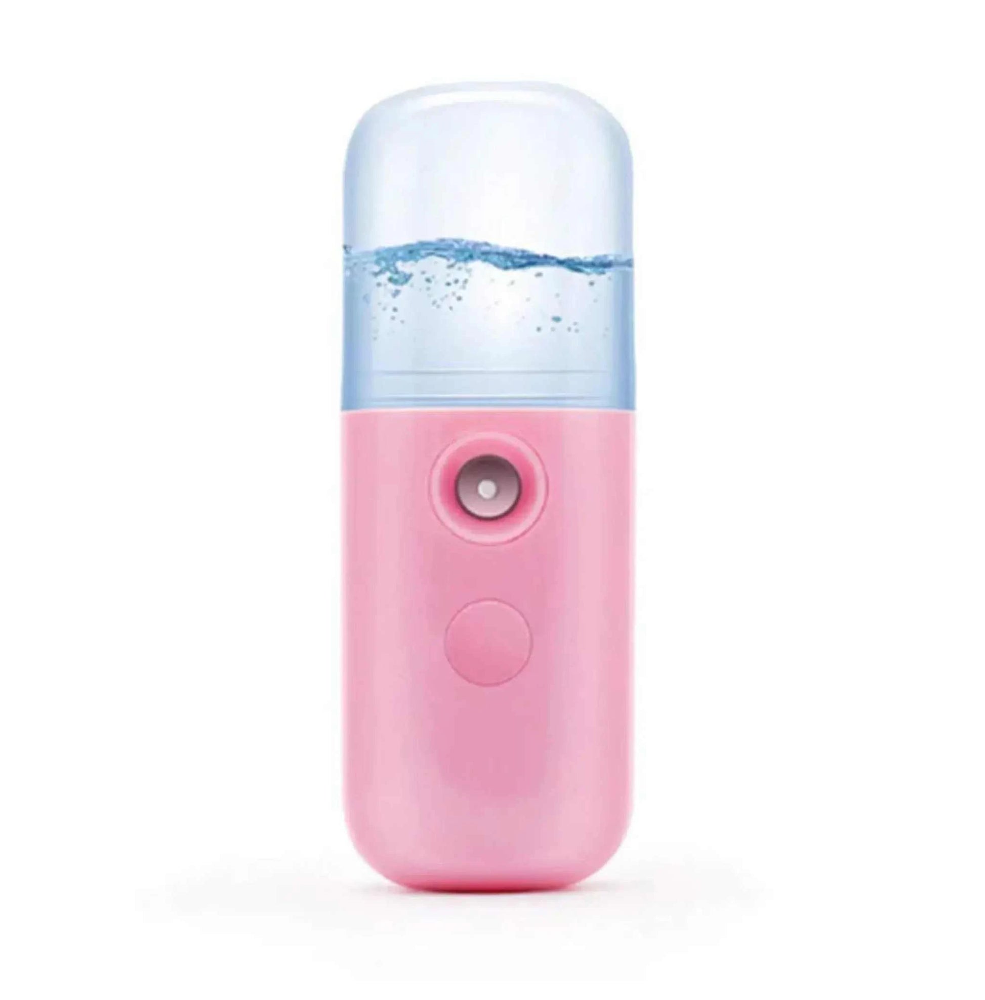 Compact pink nano mist sprayer for skincare, portable design with water tank.