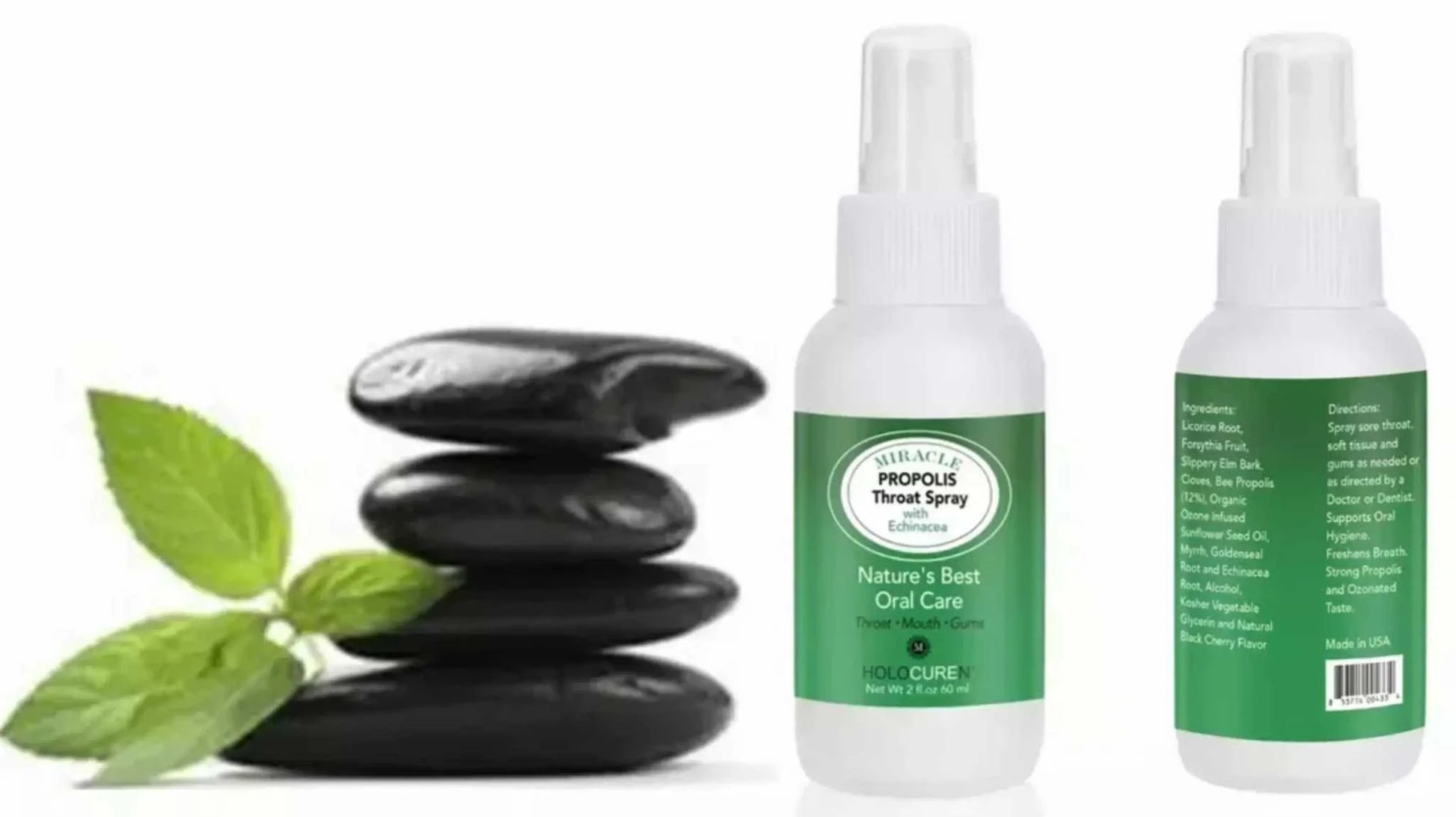 Miracle Propolis Throat Spray with herbs, 2 oz bottle for oral care, next to smooth stones and mint leaves.