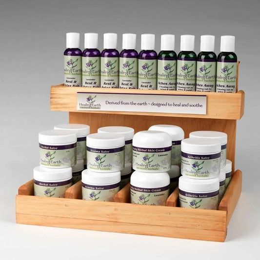 Healing Earth Starter Display featuring Vermont handcrafted wooden display with herbal salves and creams.