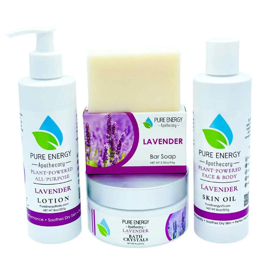 Lavender Love Bundle with natural lotion, soap, skin oil, and bath crystals.
