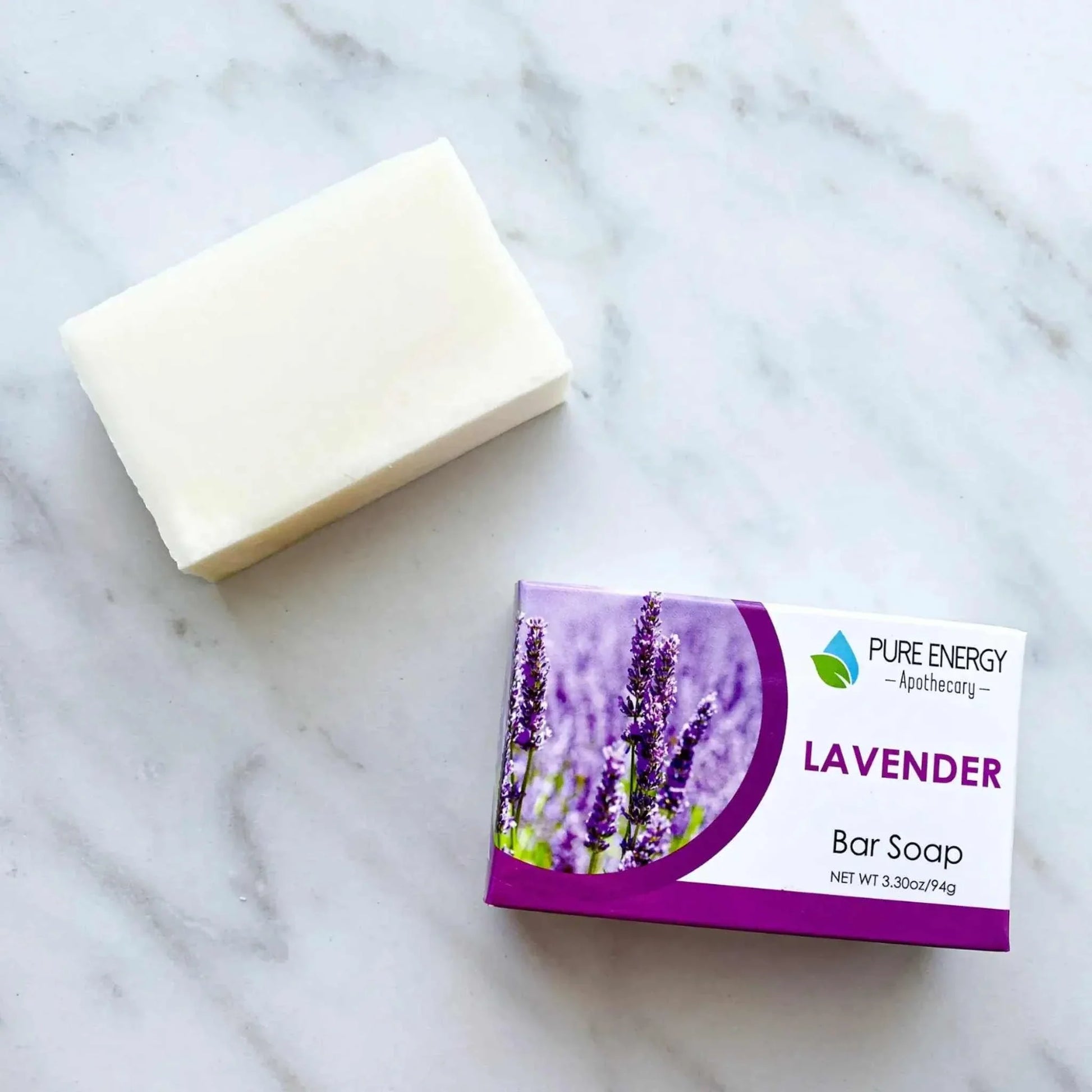 Lavender Love Bundle with soap and luxurious skincare products on a marble background.