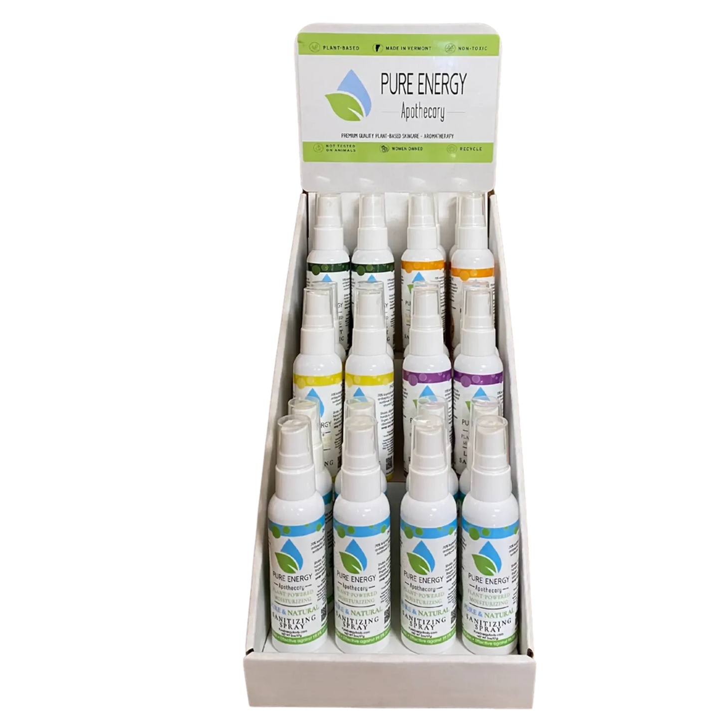 Pure Energy Apothecary travel size sanitizing spray display with moisturizing formula and plant-based ingredients