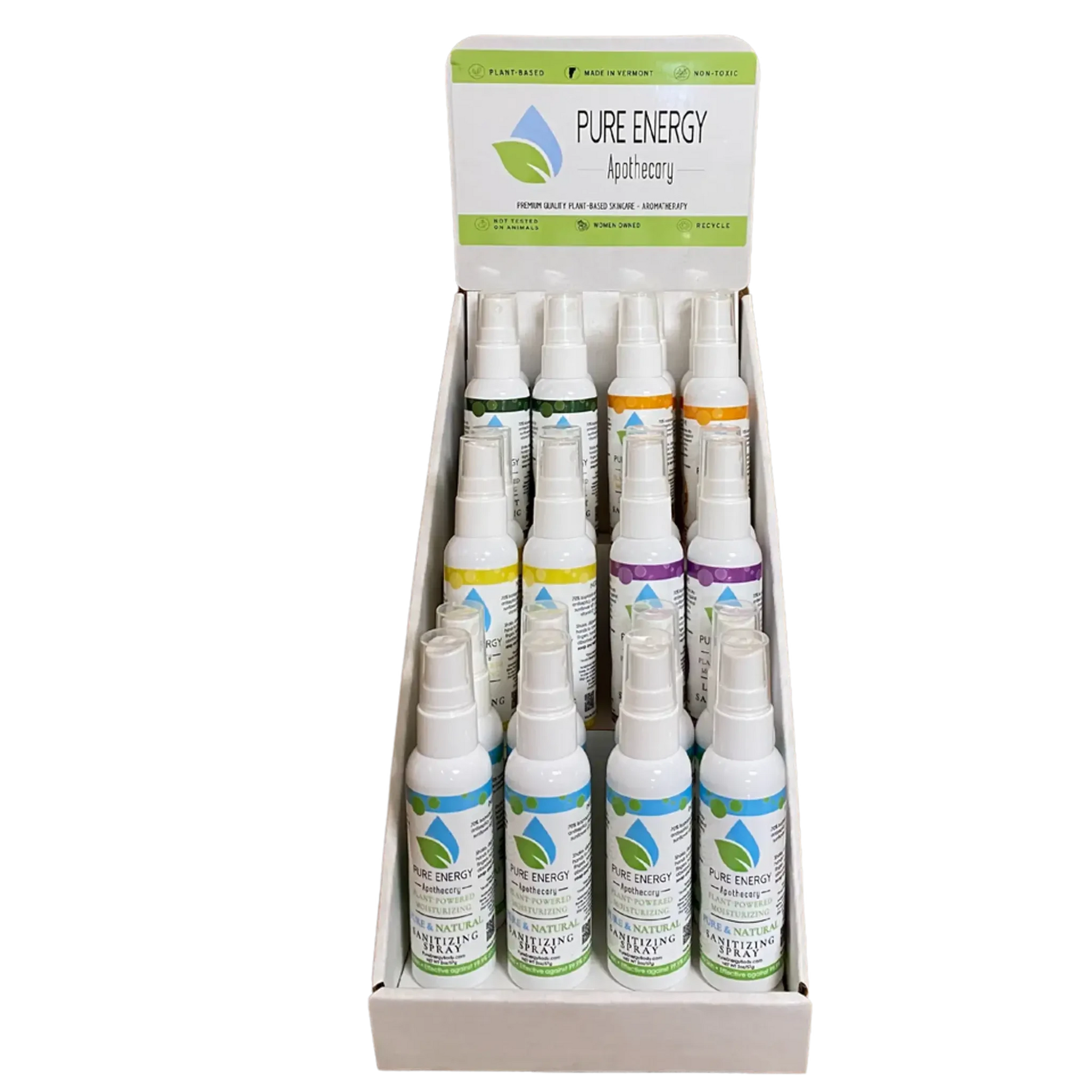 Sanitizing spray travel size display with moisturizing formula, featuring assorted scents including lavender, satsuma, lemon, peppermint, and unscented.
