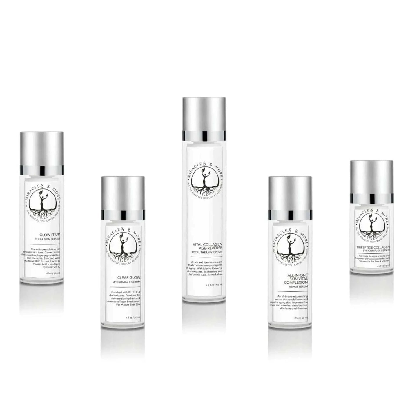 Clear Glow Liposomal C-Serum bottles with silver caps, offering advanced antioxidant skin care.