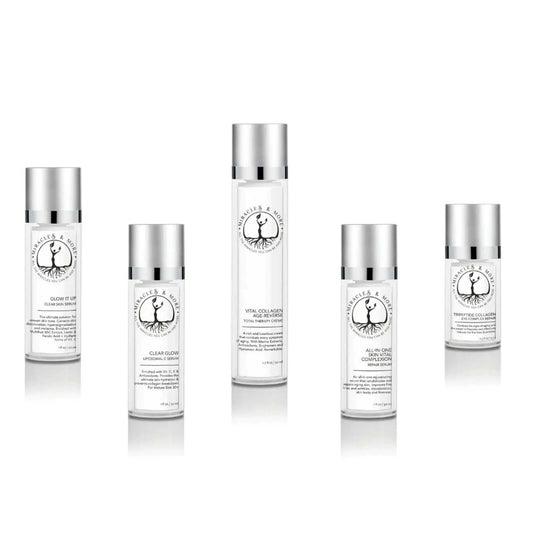 Clear Glow Liposomal C-Serum bottles on display, an antioxidant hydra-serum for UV protection and skin hydration.