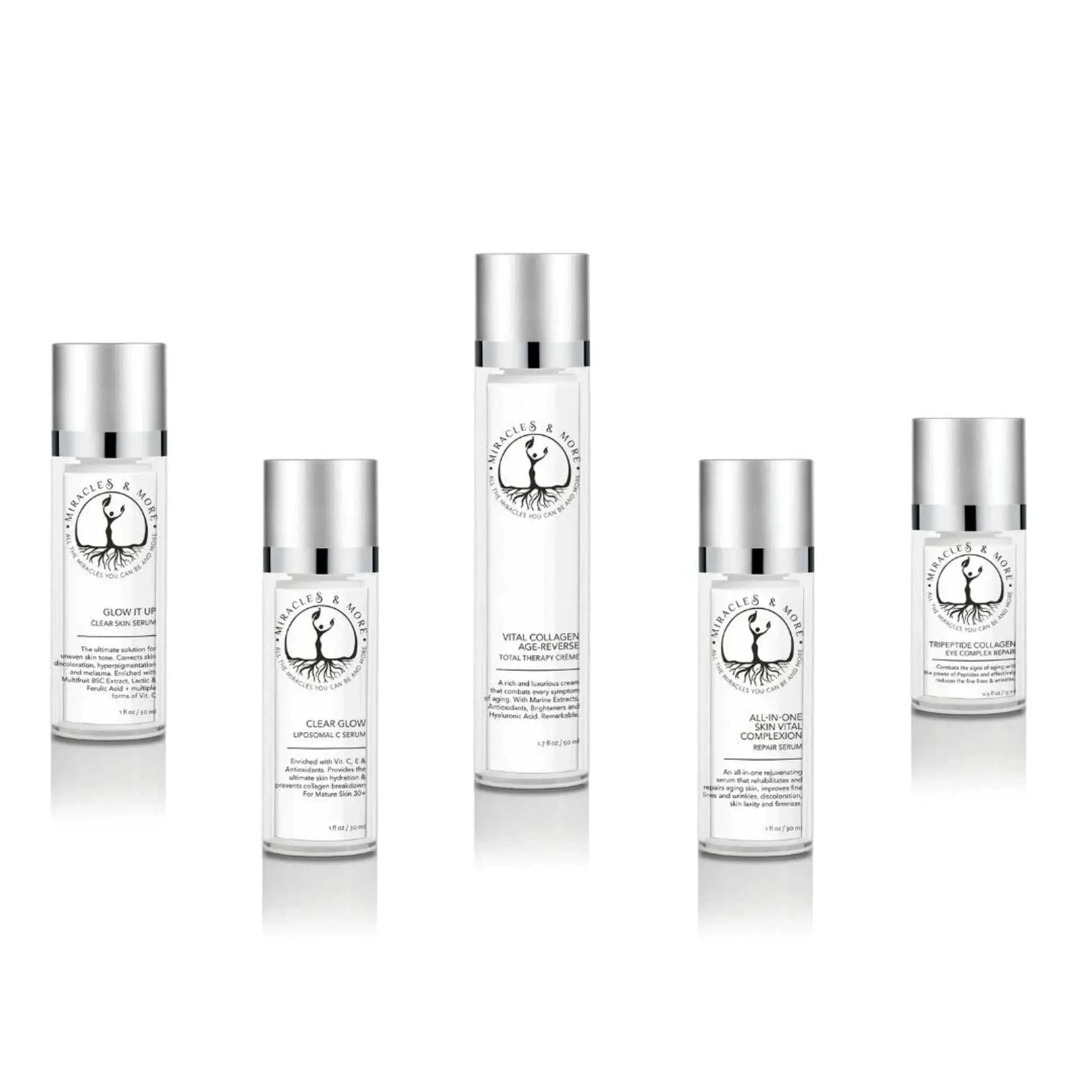 Clear Glow Liposomal C-Serum bottles with silver caps, offering advanced antioxidant skin hydration.