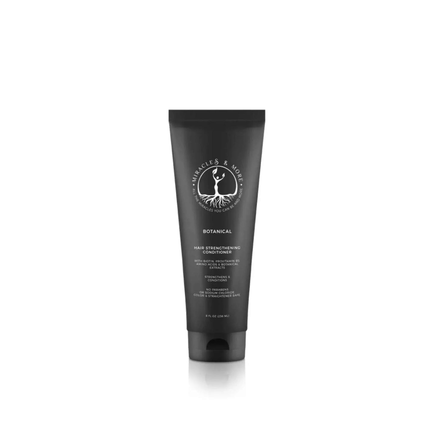Miracles & More Botanical Hair Strengthening Conditioner tube enriched with Biotin and ProVitamin B5 for nourished, stronger hair