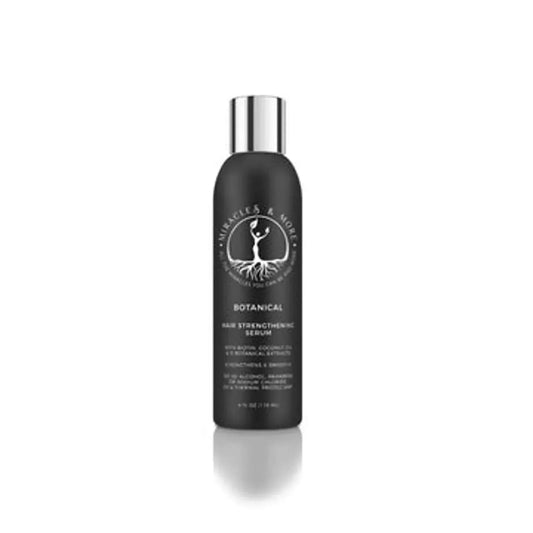 Botanical Hair Strengthening Serum bottle with silver cap, designed to reduce frizz, detangle, and enhance shine.